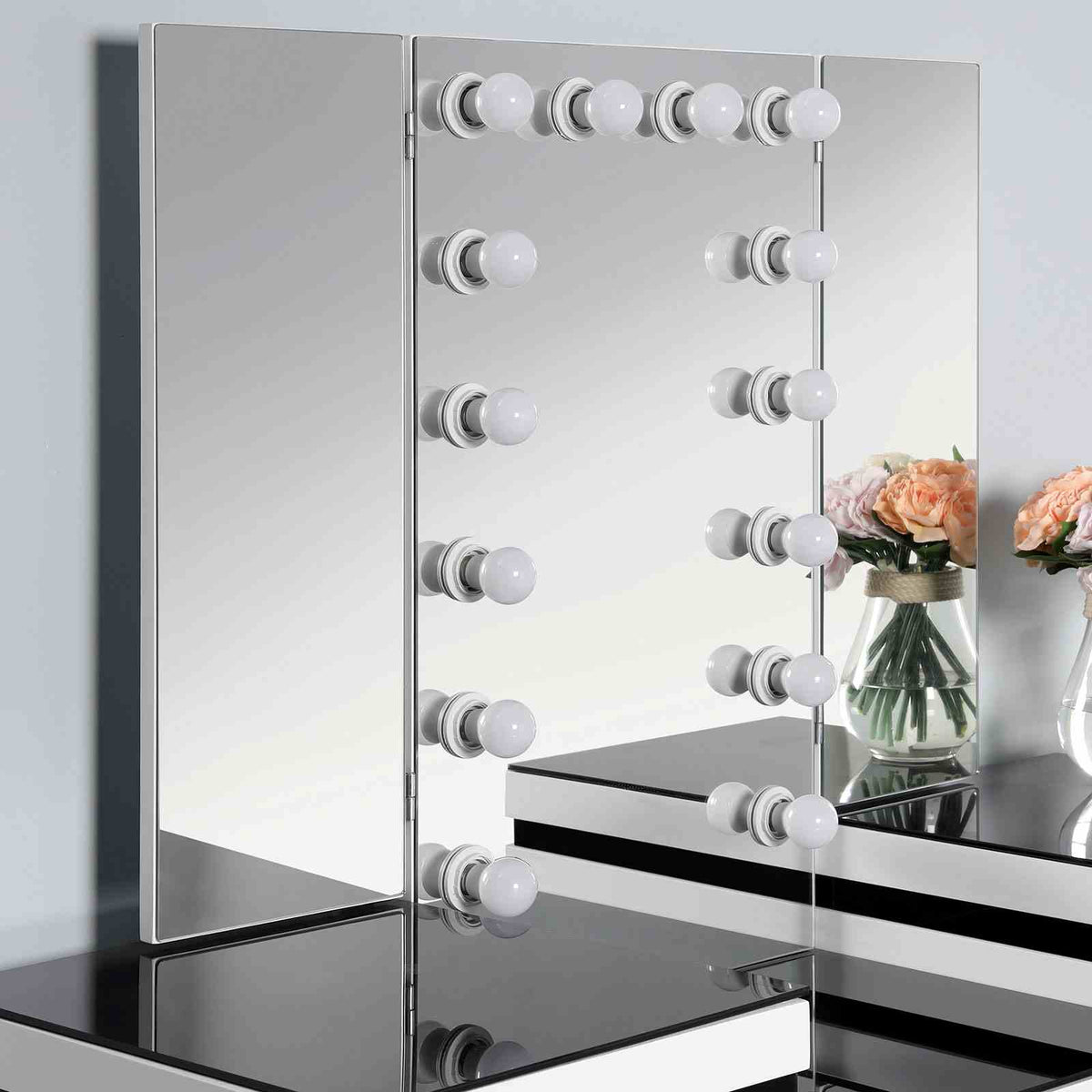 Madonna Contemporary Lighted Vanity with Tri-Fold Mirror & Stool - White & Black Two-Tone – White & Black, view 3