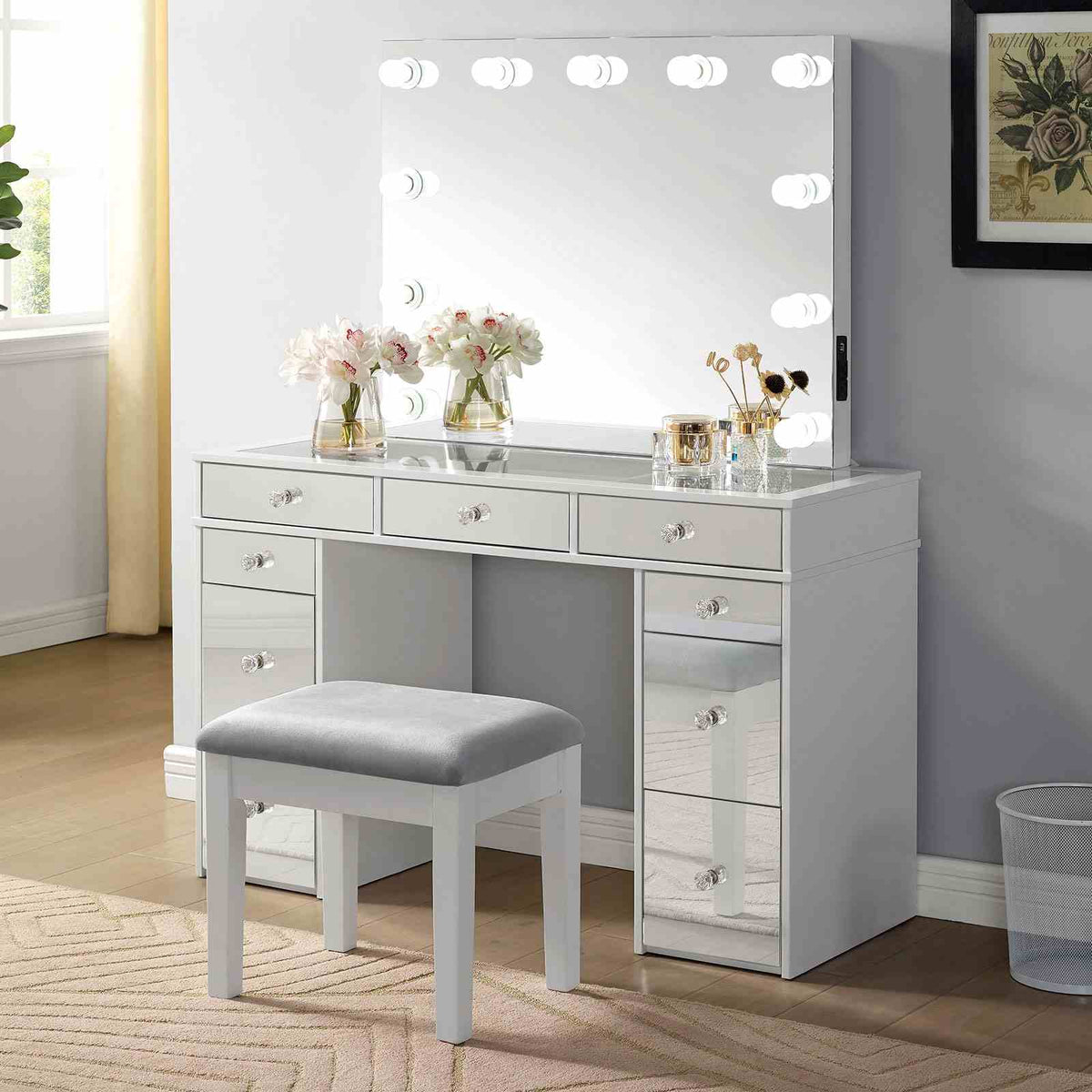 Margret Glam Vanity Set with Lighted Mirror & Stool