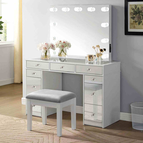 Margret Glam Vanity Set with Lighted Mirror & Stool - USB Outlet & Beveled Glass Top in White & Gray
