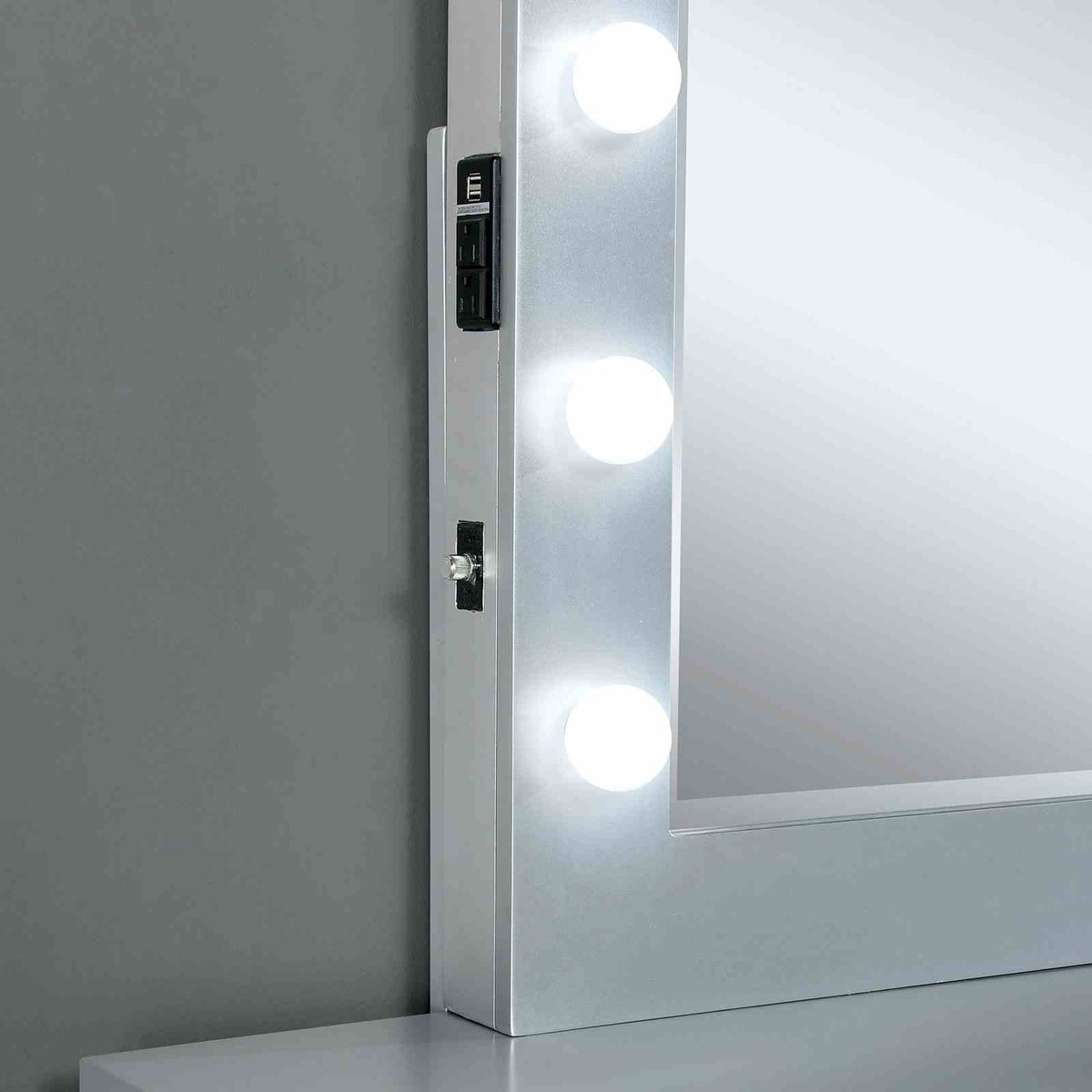 Margret Glam Vanity Set with Lighted Mirror & Stool - USB Outlet & Beveled Glass Top in White & Gray – White & Gray, view 4