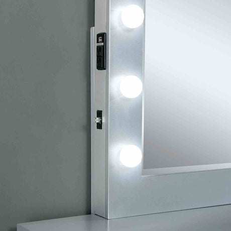 Margret Glam Vanity Set with Lighted Mirror & Stool - USB Outlet & Beveled Glass Top in White & Gray – White & Gray, view 4