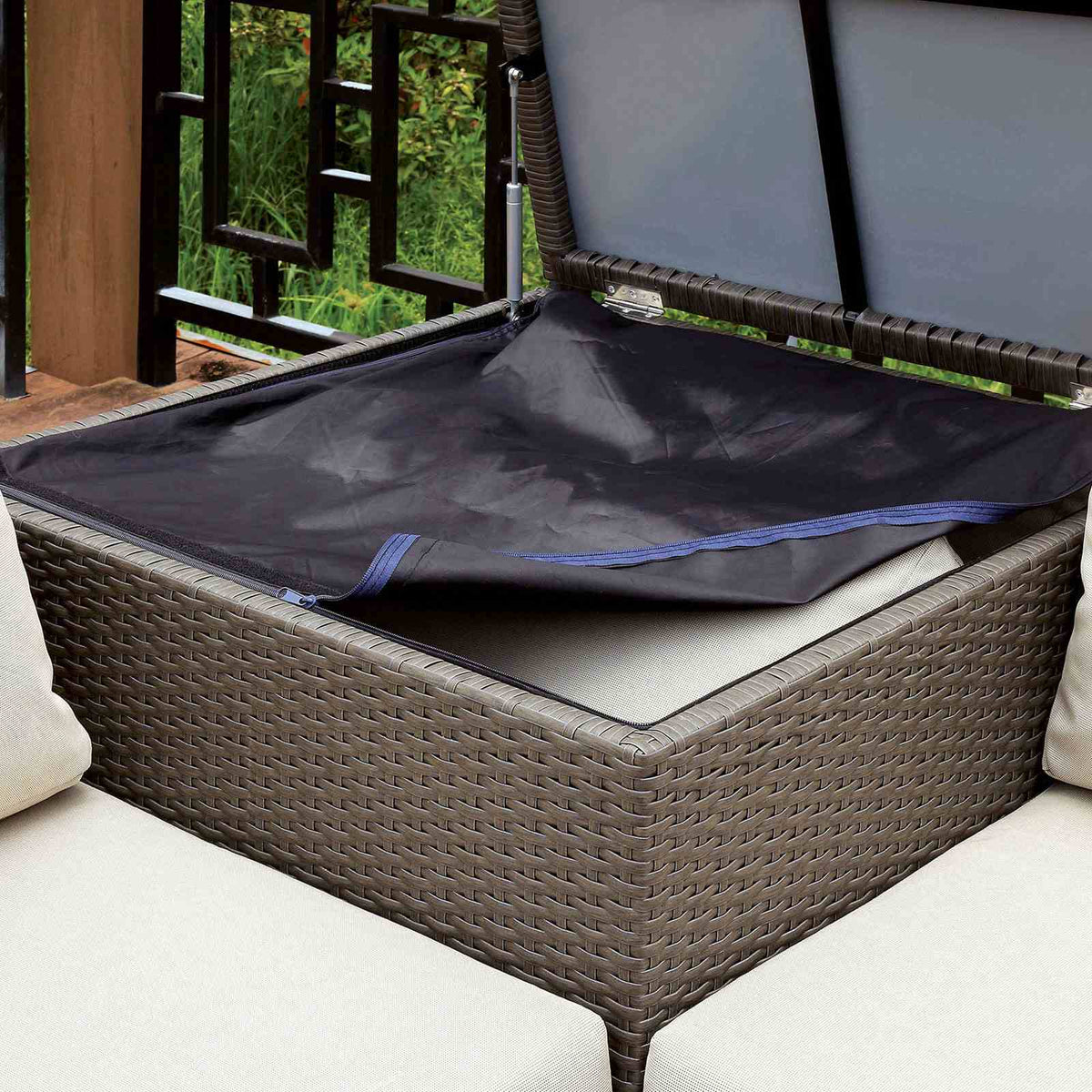 Davina Contemporary 3-Piece Outdoor Patio Sectional Set with Ottoman - Faux Rattan & Aluminum – Brown & Beige, view 3
