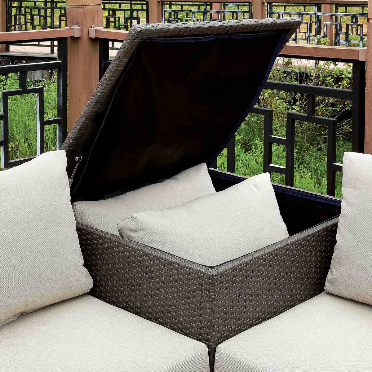 Davina Contemporary 3-Piece Outdoor Patio Sectional Set with Ottoman - Faux Rattan & Aluminum – Brown & Beige, view 2