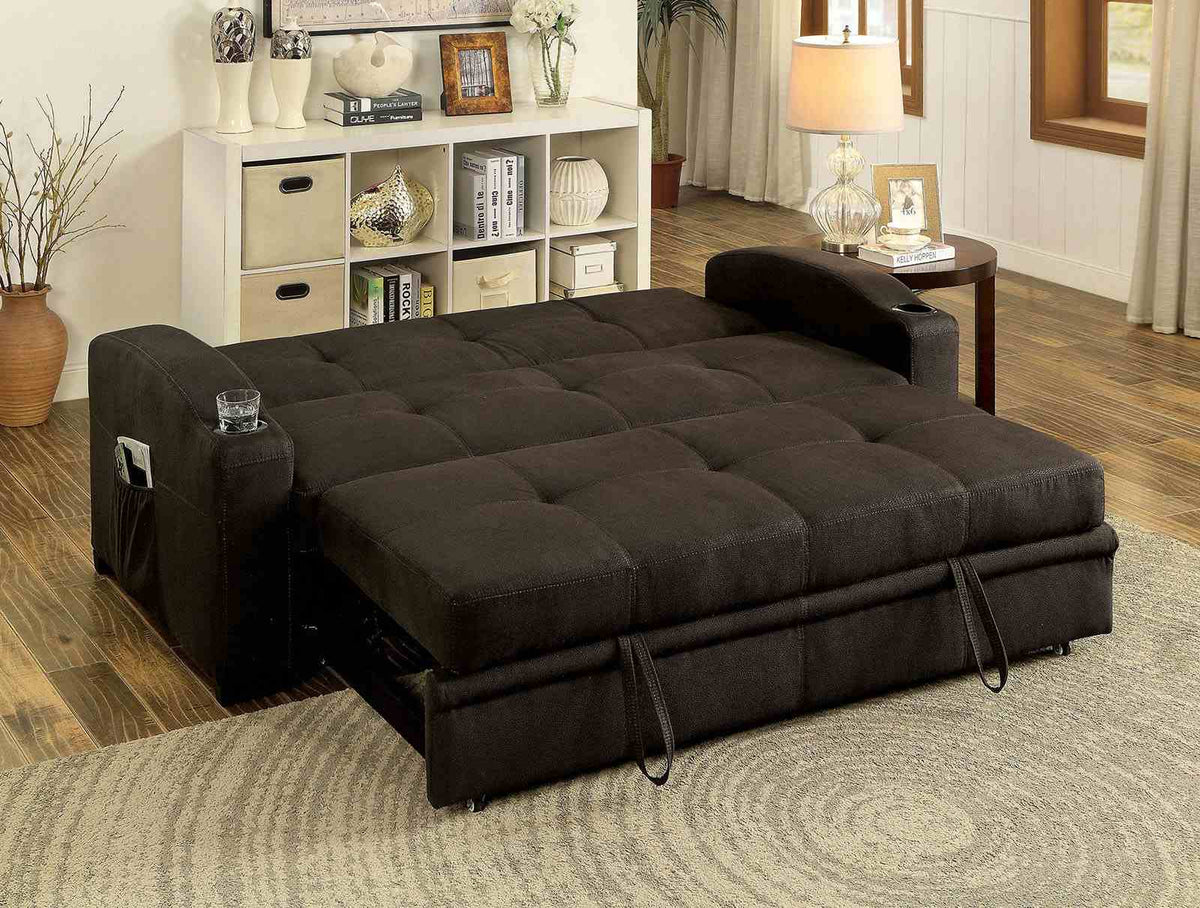 Mavis Button Tufted Futon Sofa Bed with Pull-Out Underseat Base & Cup Holders - Dark Brown – Brown, view 5