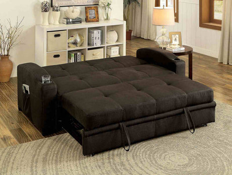 Mavis Button Tufted Futon Sofa Bed with Pull-Out Underseat Base & Cup Holders - Dark Brown – Brown, view 5