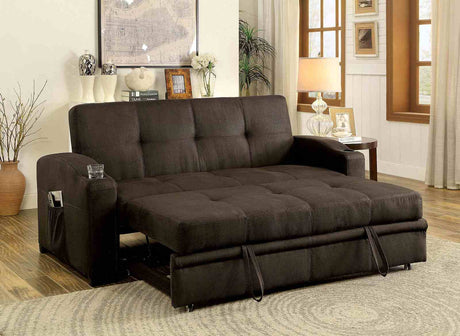 Mavis Button Tufted Futon Sofa Bed with Pull-Out Underseat Base & Cup Holders - Dark Brown – Brown, view 6
