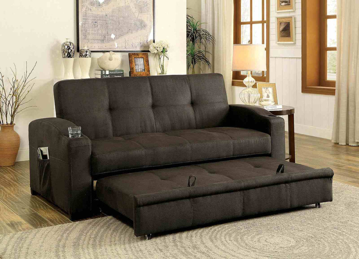 Mavis Button Tufted Futon Sofa Bed with Pull-Out Underseat Base & Cup Holders - Dark Brown – Brown, view 7