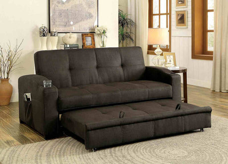 Mavis Button Tufted Futon Sofa Bed with Pull-Out Underseat Base & Cup Holders - Dark Brown – Brown, view 7