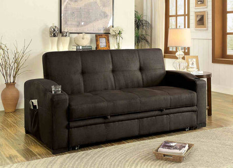 Mavis Button Tufted Futon Sofa Bed with Pull-Out Underseat Base & Cup Holders - Dark Brown – Brown, view 2