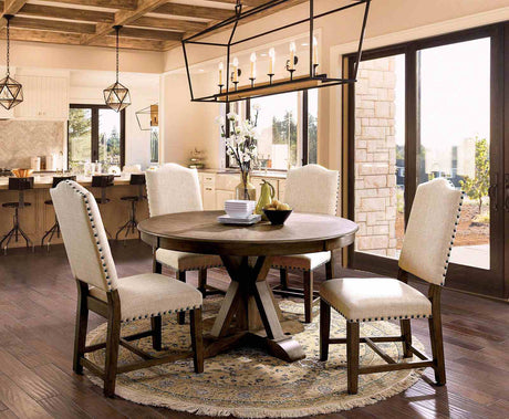 Julia Rustic Dining Collection with Nailhead Trim - Round Pedestal & Extendable Trestle Tables, Chairs & Wine Server in Light Oak – Natural & Beige, view 8