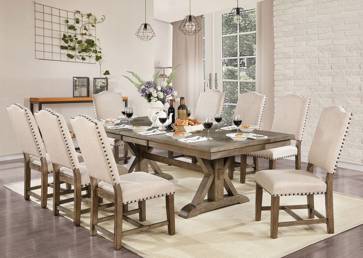 Julia Rustic Dining Collection with Nailhead Trim - Round Pedestal & Extendable Trestle Tables, Chairs & Wine Server in Light Oak – Natural & Beige, view 12