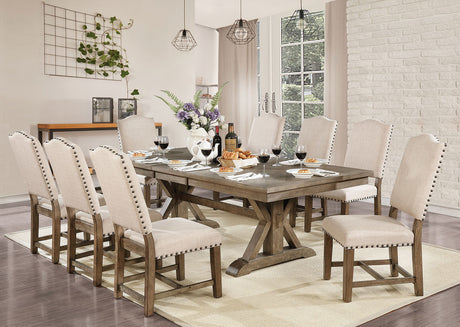 Julia Rustic Dining Collection with Nailhead Trim - Round Pedestal & Extendable Trestle Tables, Chairs & Wine Server in Light Oak – Natural & Beige, view 12
