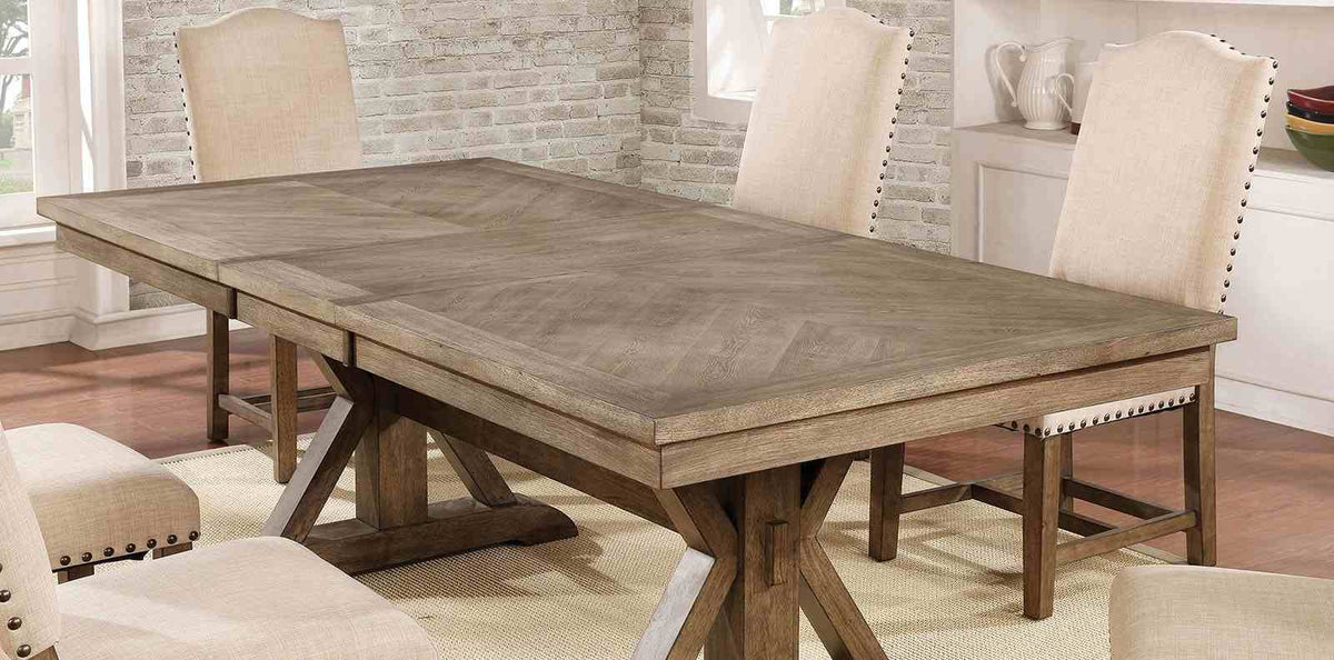 Julia Rustic Dining Collection with Nailhead Trim - Round Pedestal & Extendable Trestle Tables, Chairs & Wine Server in Light Oak – Natural & Beige, view 10