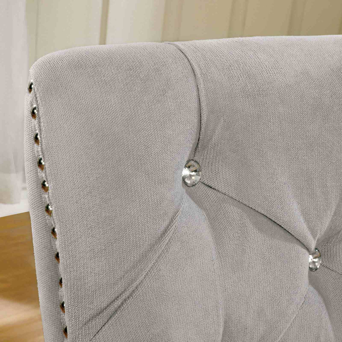 Diocles Transitional 84" Dining Table, Sets & Bench - Antique Mirror Inserts & Button Tufted Nailhead Chairs in Silver Gray – Gray & Silver, view 9