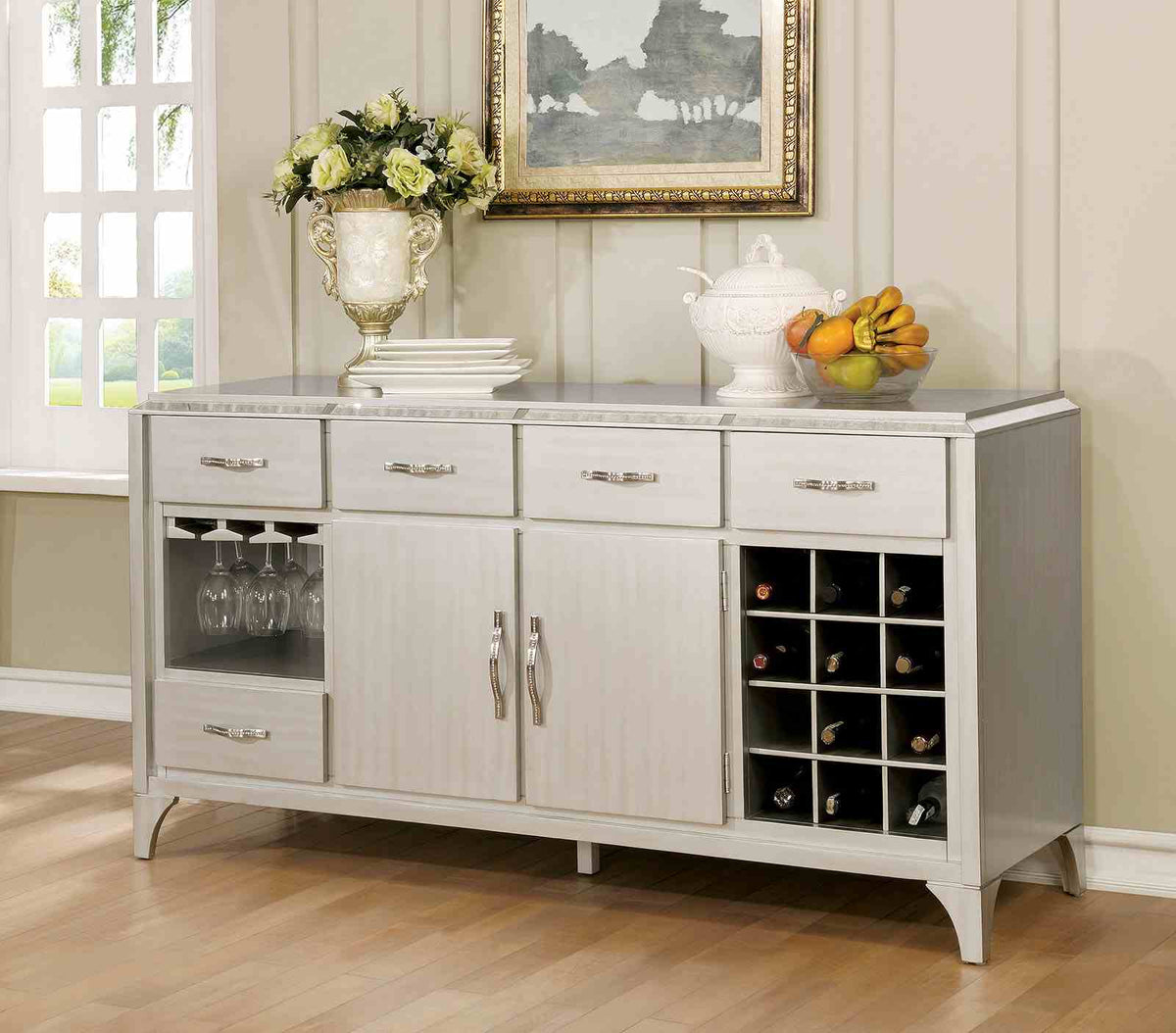 Diocles Transitional 84" Dining Table, Sets & Bench - Antique Mirror Inserts & Button Tufted Nailhead Chairs in Silver Gray – Gray & Silver, view 8