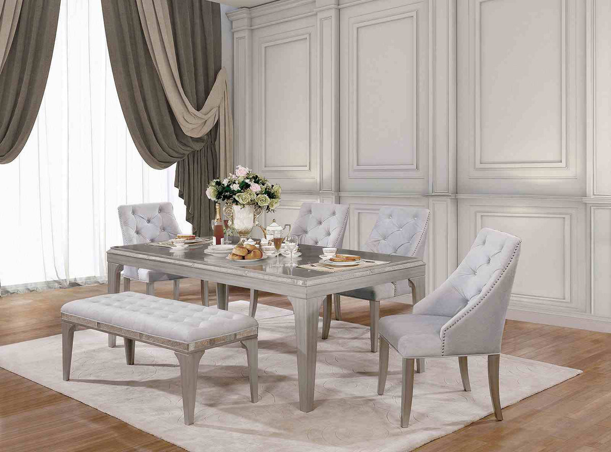 Diocles Transitional 84" Dining Table, Sets & Bench - Antique Mirror Inserts & Button Tufted Nailhead Chairs in Silver Gray – Gray & Silver, view 7
