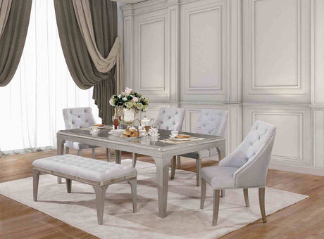 Diocles Transitional 84" Dining Table, Sets & Bench - Antique Mirror Inserts & Button Tufted Nailhead Chairs in Silver Gray – Gray & Silver, view 7