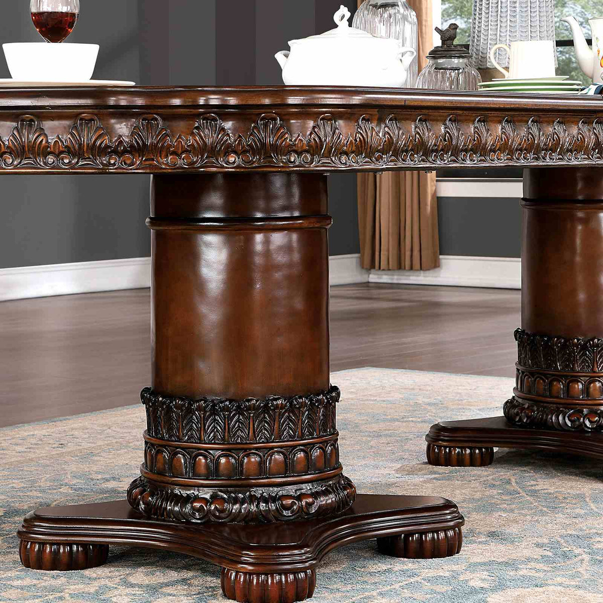 Canyonville Traditional Dining Collection - 120" Extendable Double Pedestal Table, Chairs & Hutch in Brown Cherry – Brown, view 2