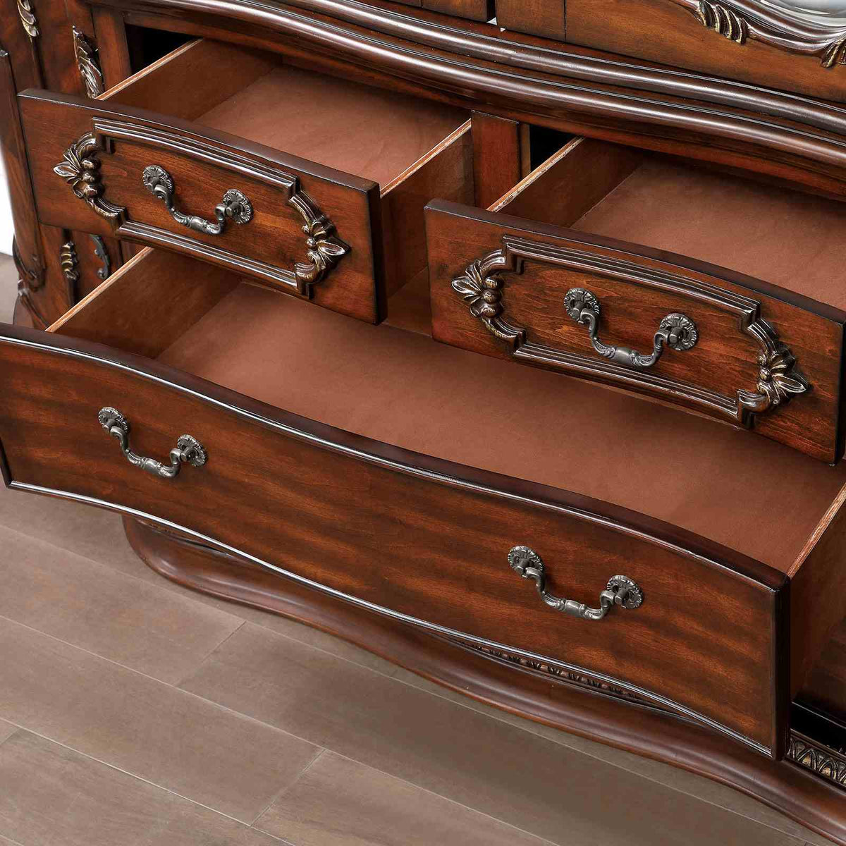 Normandy Traditional Dining Collection - 118.5" Extendable Double Pedestal Table, Chairs & Lighted Hutch in Brown Cherry – Brown & Beige, view 10