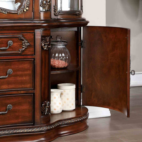 Normandy Traditional Dining Collection - 118.5" Extendable Double Pedestal Table, Chairs & Lighted Hutch in Brown Cherry – Brown & Beige, view 11