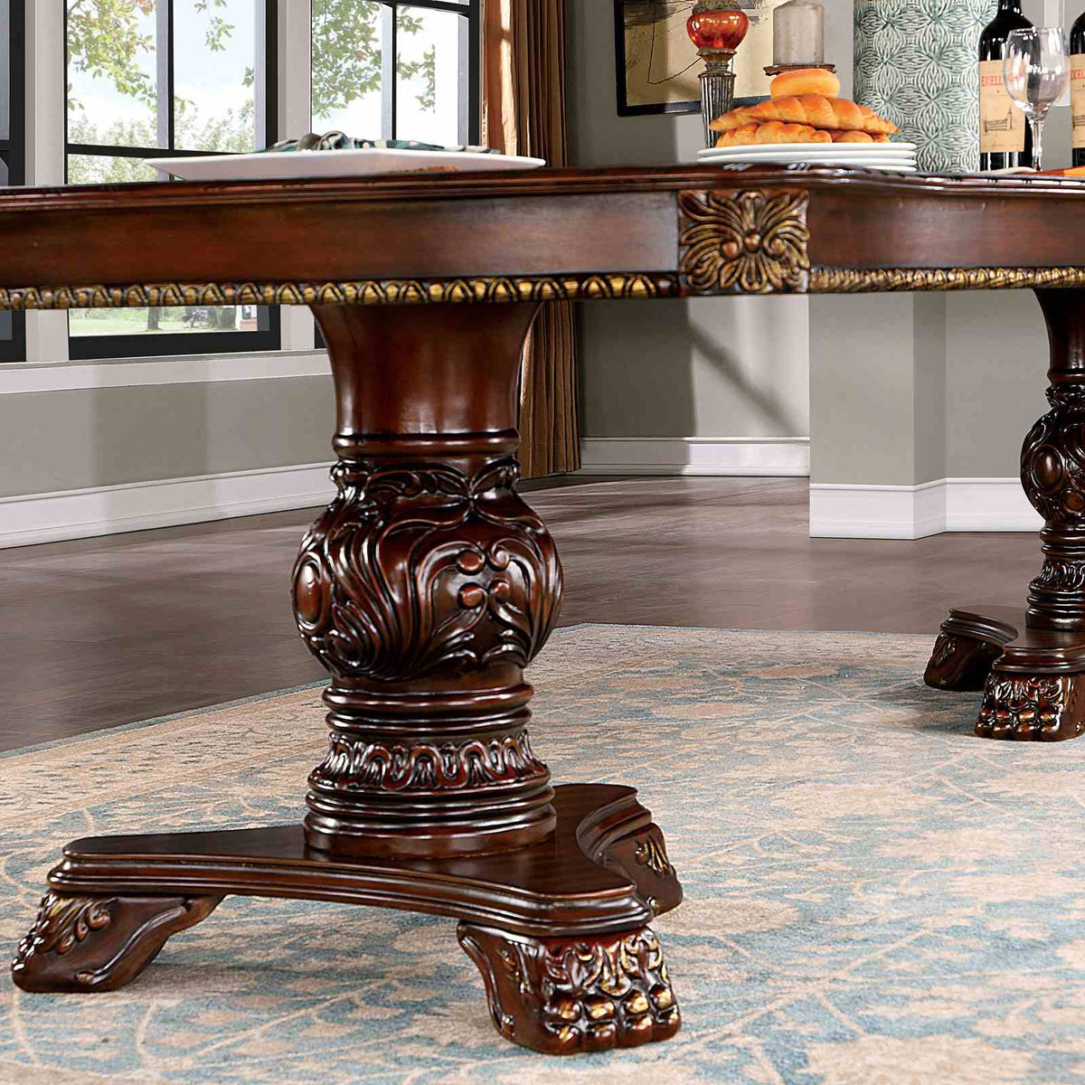 Normandy Traditional Dining Collection - 118.5" Extendable Double Pedestal Table, Chairs & Lighted Hutch in Brown Cherry – Brown & Beige, view 2