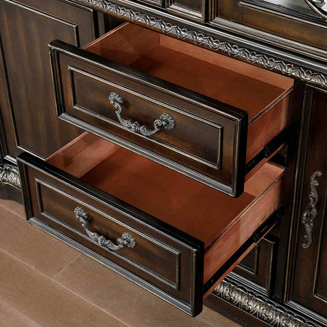 Lombardy Traditional 112" Extendable Trestle Dining Collection - Carved Details, Chairs & Hutch in Walnut – Brown, view 9