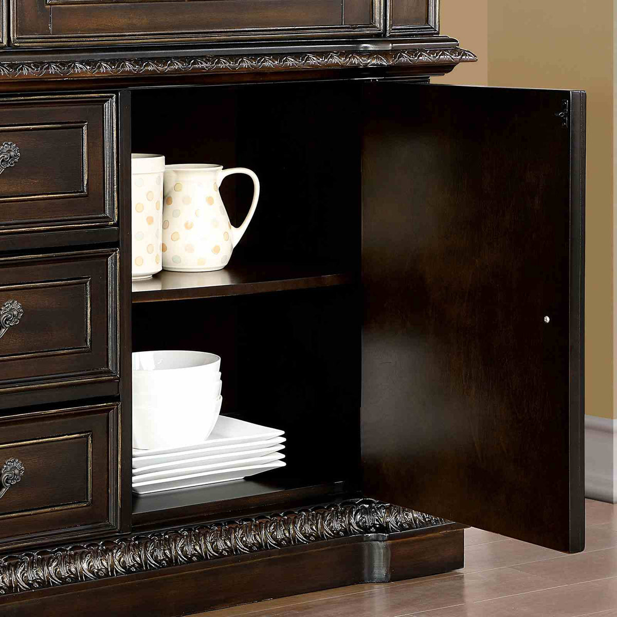 Lombardy Traditional 112" Extendable Trestle Dining Collection - Carved Details, Chairs & Hutch in Walnut – Brown, view 10