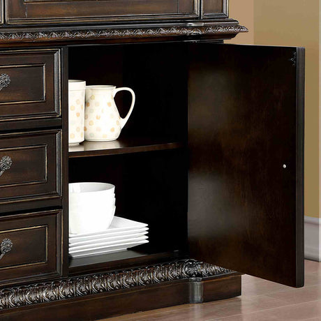Lombardy Traditional 112" Extendable Trestle Dining Collection - Carved Details, Chairs & Hutch in Walnut – Brown, view 10