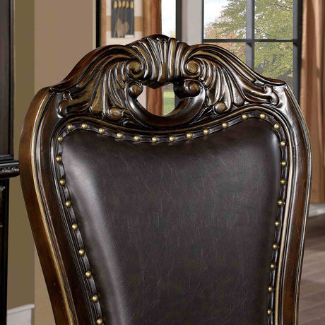 Lombardy Traditional 112" Extendable Trestle Dining Collection - Carved Details, Chairs & Hutch in Walnut – Brown, view 6