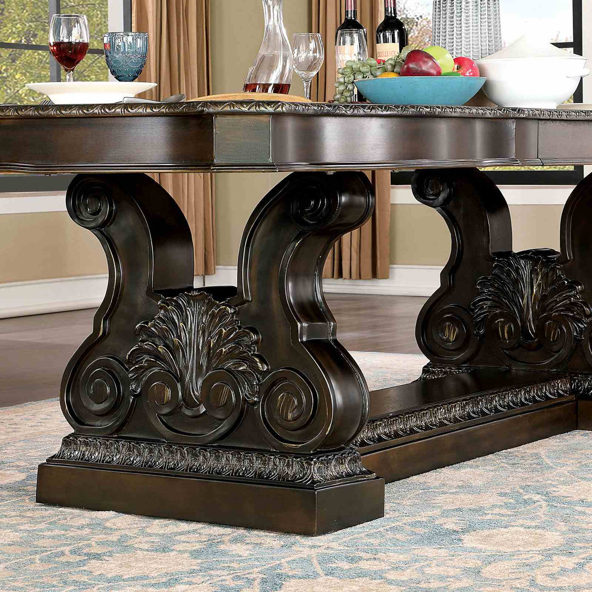 Lombardy Traditional 112" Extendable Trestle Dining Collection - Carved Details, Chairs & Hutch in Walnut – Brown, view 2