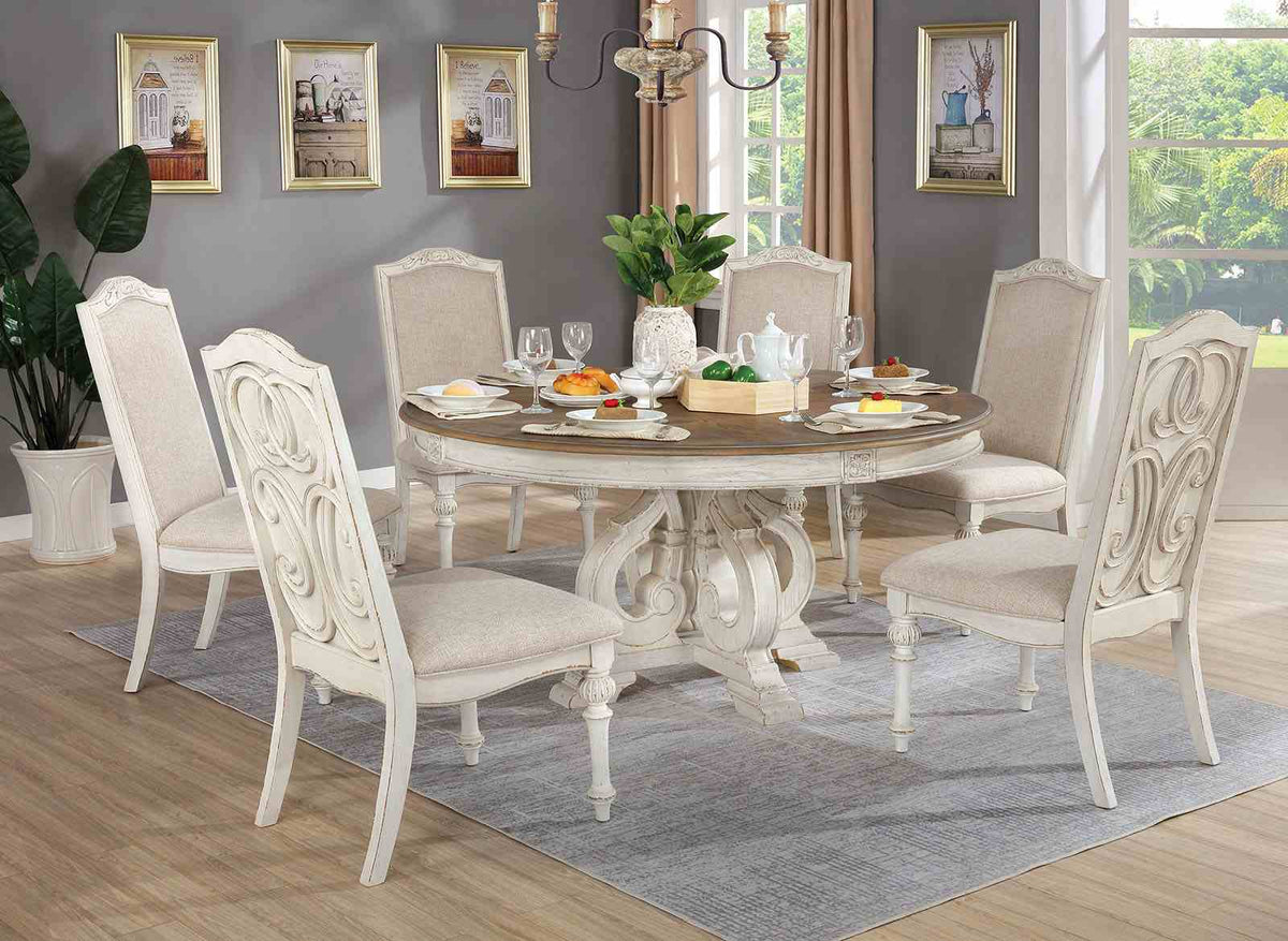 Arcadia Rustic Dining Collection with Wood Inlay - Round & Extendable Tables, Chairs, Server & Oval Mirror in Antique White or Rustic Natural – White & Beige, view 2