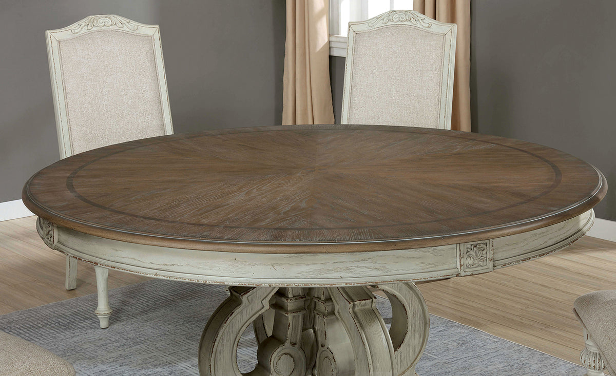 Arcadia Rustic Dining Collection with Wood Inlay - Round & Extendable Tables, Chairs, Server & Oval Mirror in Antique White or Rustic Natural – White & Beige, view 12