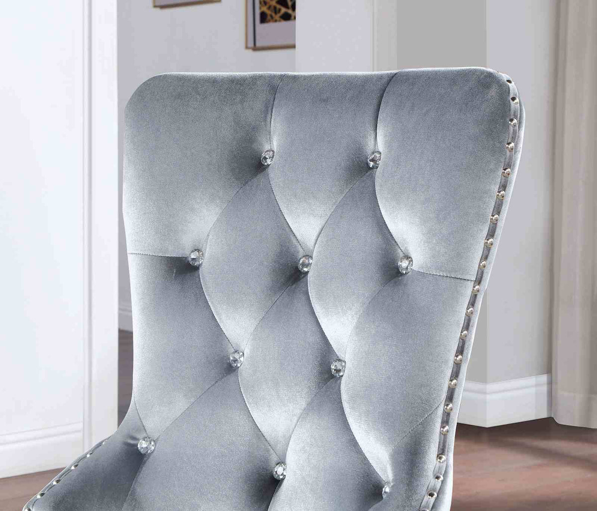 Adalia Glam 90" Extendable Dining Table & Wingback Chairs - Mirror Accents & Silver Finish – Silver & Gray, view 6