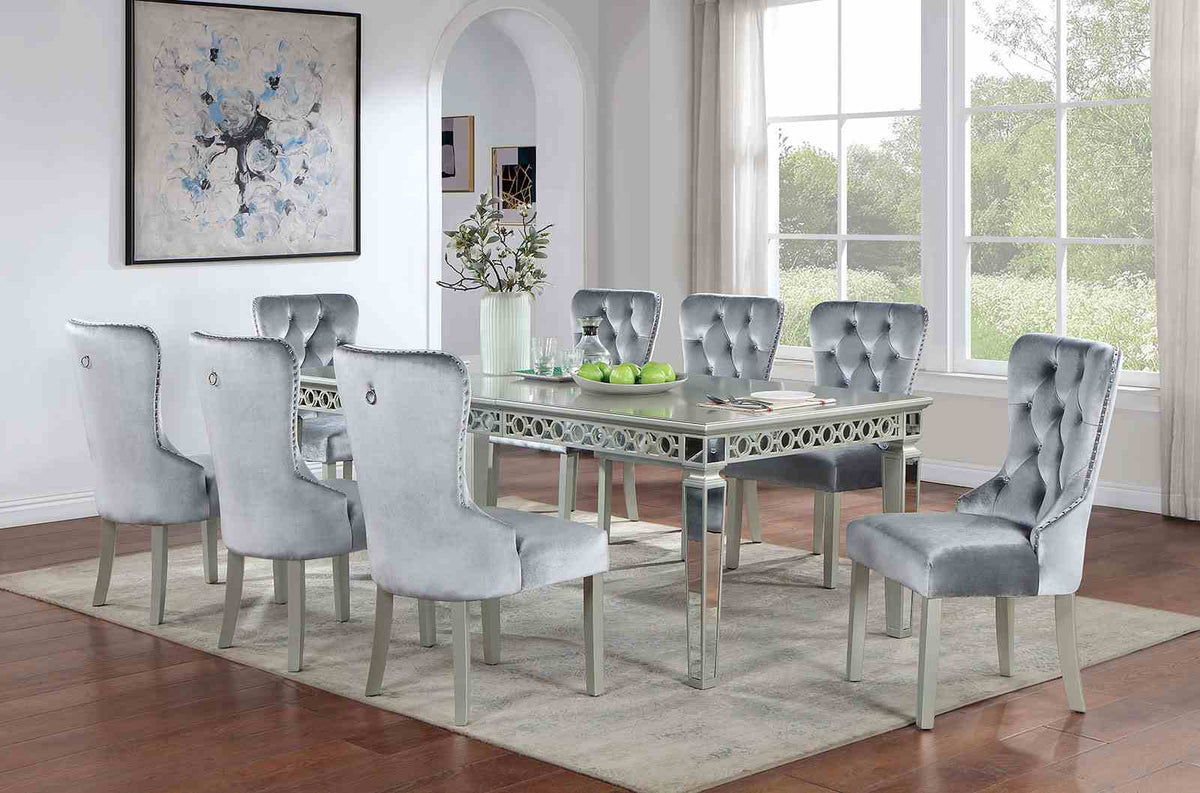 Adalia Glam 90" Extendable Dining Table & Wingback Chairs - Mirror Accents & Silver Finish – Silver & Gray, view 2