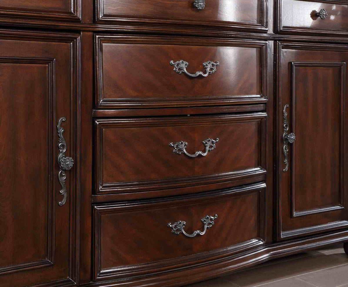 Nouvelle Traditional Dining Collection - 95" Extendable Table, Tufted Chairs & Hutch Buffet in Brown Cherry – Brown, view 11