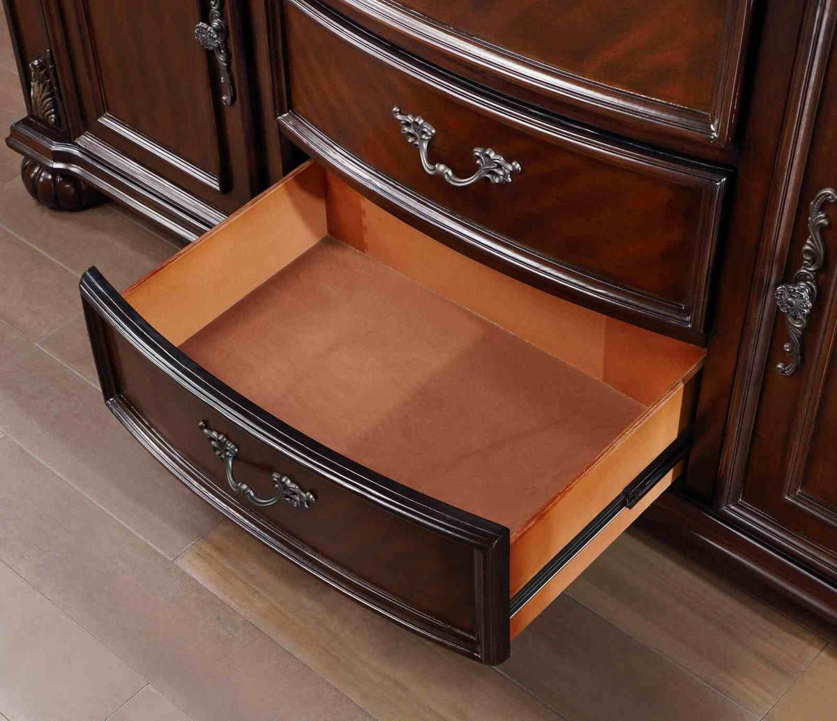 Nouvelle Traditional Dining Collection - 95" Extendable Table, Tufted Chairs & Hutch Buffet in Brown Cherry – Brown, view 13