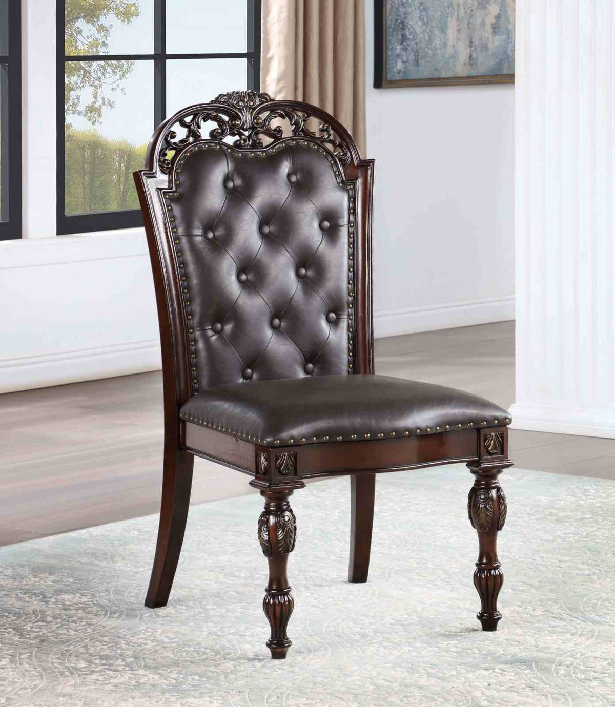 Nouvelle Traditional Dining Collection - 95" Extendable Table, Tufted Chairs & Hutch Buffet in Brown Cherry – Brown, view 5