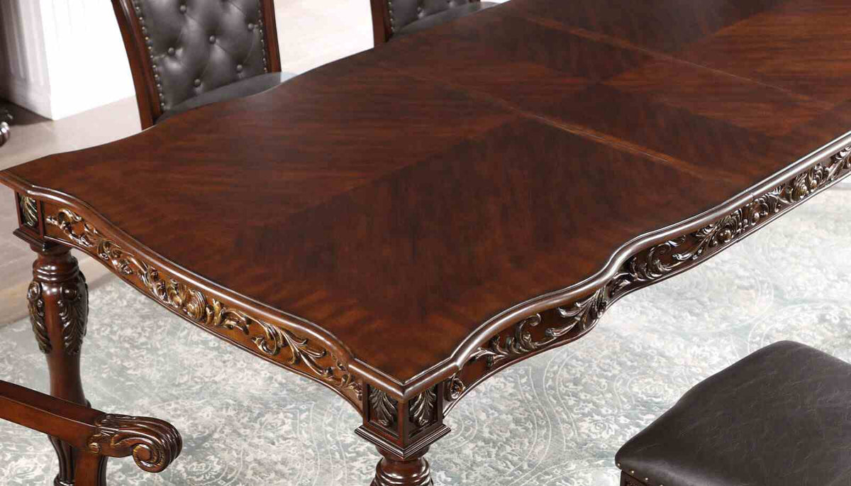 Nouvelle Traditional Dining Collection - 95" Extendable Table, Tufted Chairs & Hutch Buffet in Brown Cherry – Brown, view 3