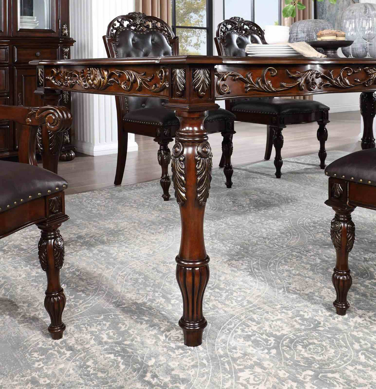Nouvelle Traditional Dining Collection - 95" Extendable Table, Tufted Chairs & Hutch Buffet in Brown Cherry – Brown, view 4
