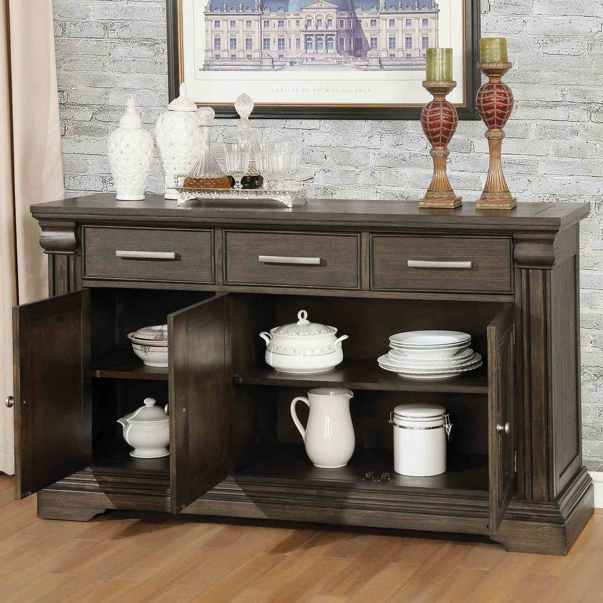 Faulk Transitional Extendable Double Pedestal Dining Collection - Table, Nailhead Chairs, Bench & Server in Espresso & Warm Gray – Brown & Gray, view 14