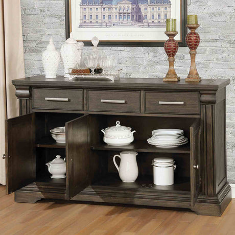 Faulk Transitional Extendable Double Pedestal Dining Collection - Table, Nailhead Chairs, Bench & Server in Espresso & Warm Gray – Brown & Gray, view 14