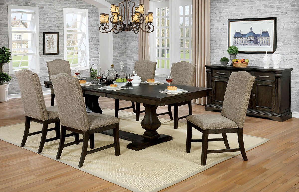 Faulk Transitional Extendable Double Pedestal Dining Collection - Table, Nailhead Chairs, Bench & Server in Espresso & Warm Gray – Brown & Gray, view 6