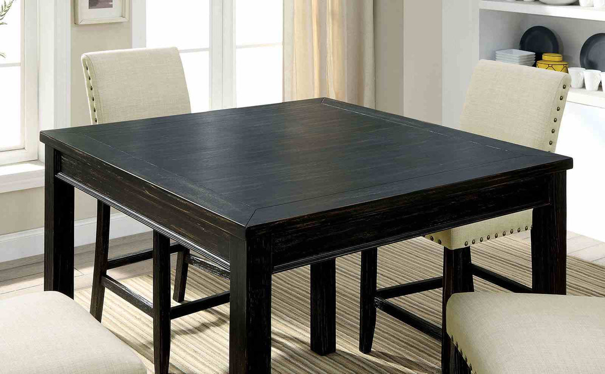 Kristie Rustic 5-Piece Counter Height Dining Set - 42" Square Table & Nailhead Linen Chairs in Antique Black – Black & Beige, view 2