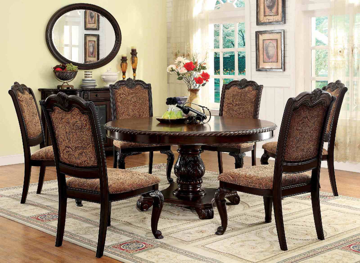 Bellagio Traditional Dining Collection - 5pcs- Round Table + 4 Fabric Side Chairs
