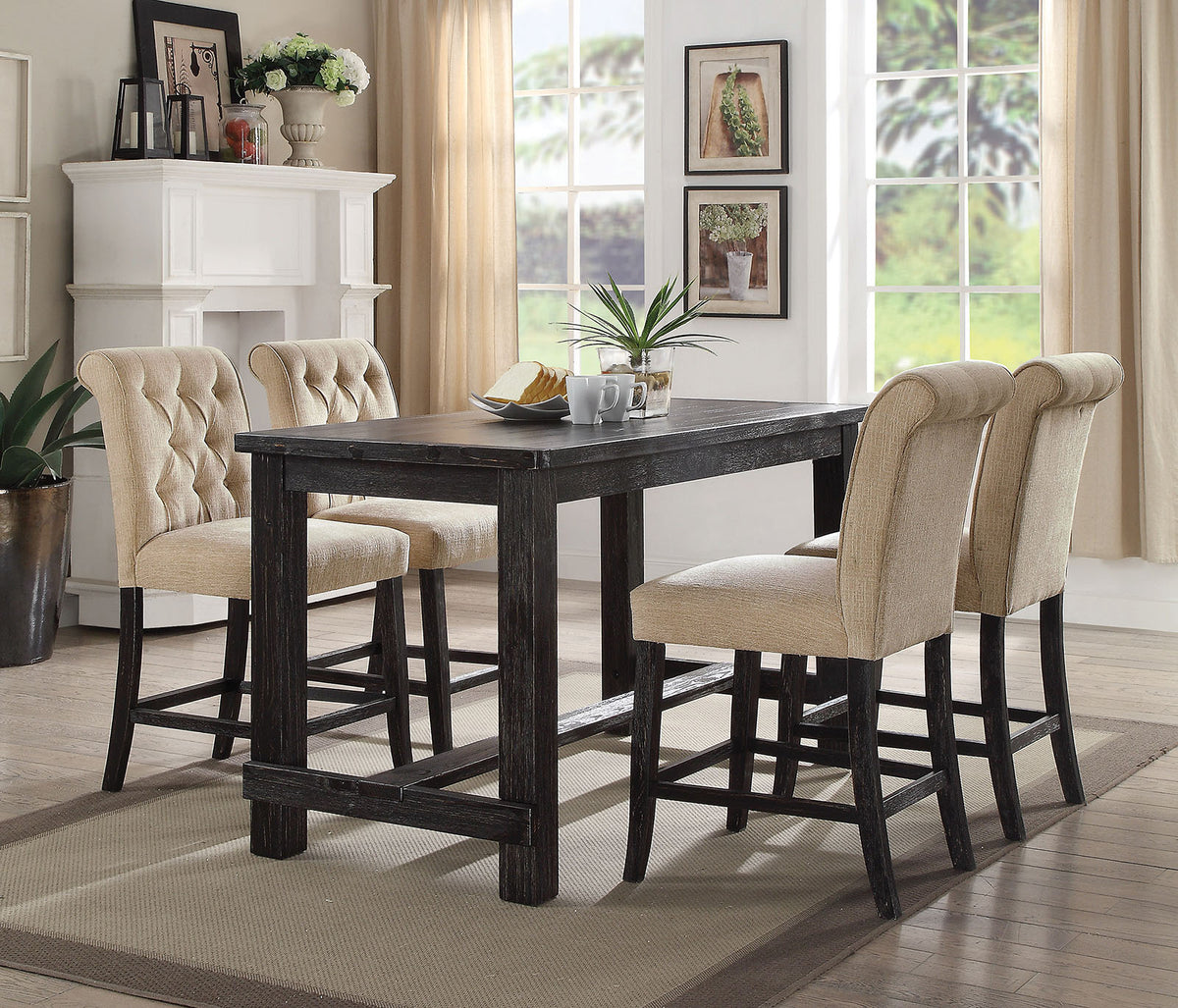 Sania Rustic Counter Height Dining Collection - Linen-Like Upholstered Seating & Distressed Antique Black or Rustic Oak – Black & Beige, view 2