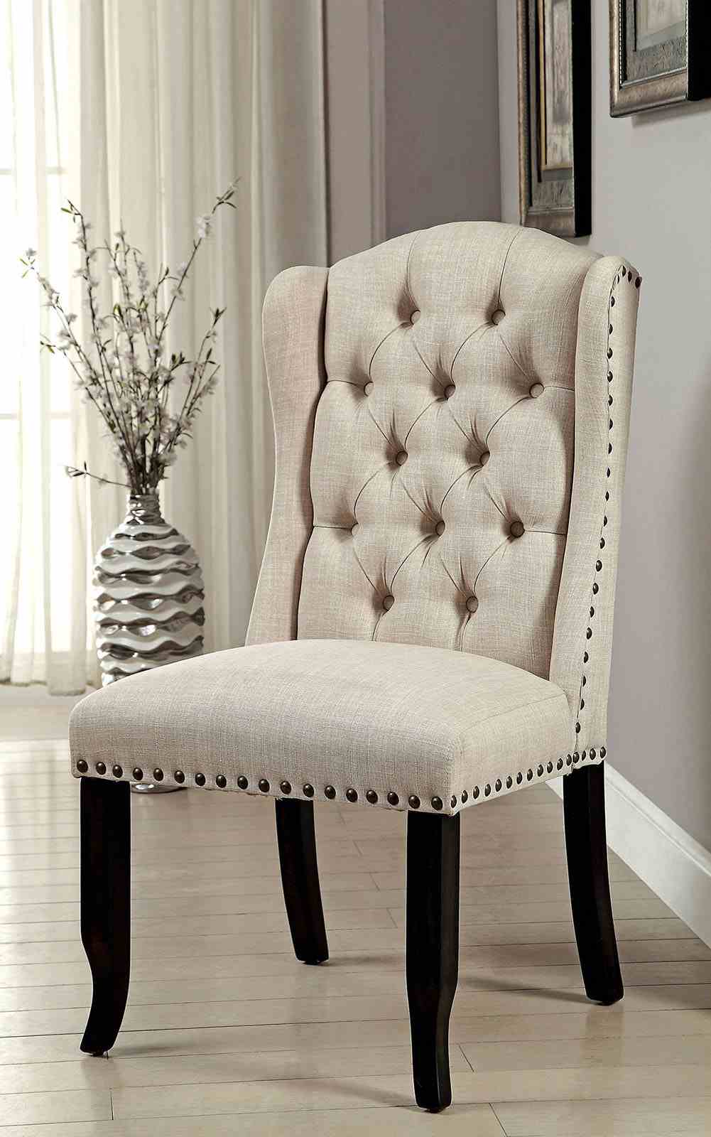 Sania Rustic Dining Collection - 72" or 84" Extendable Table with Wingback & Tufted Chairs in Antique Black – Black & Beige, view 10