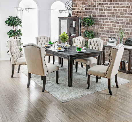 Sania Rustic Dining Collection - 72" or 84" Extendable Table with Wingback & Tufted Chairs in Antique Black – Black & Beige, view 4