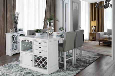 Sutton Transitional Counter Height Table & Dining Set - Wine Rack & Stemware Storage with Tufted Chairs in Antique White – White, view 2