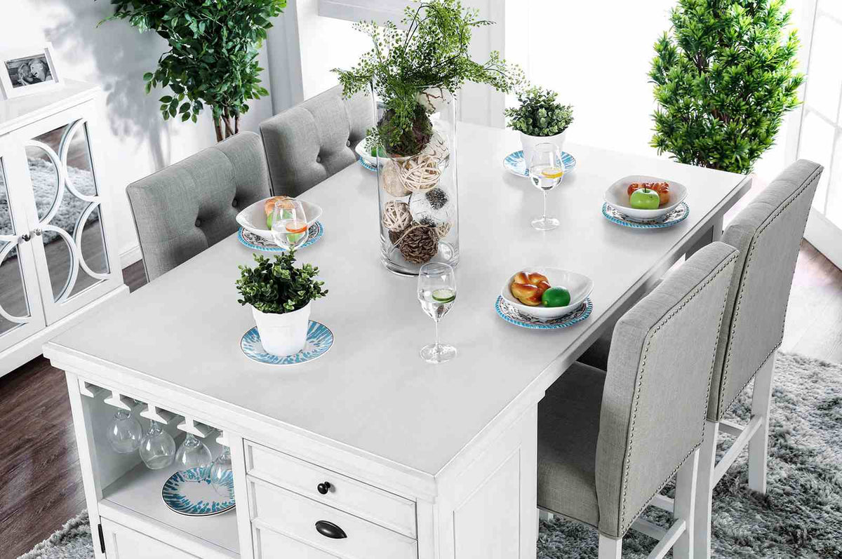 Sutton Transitional Counter Height Table & Dining Set - Wine Rack & Stemware Storage with Tufted Chairs in Antique White – White, view 7