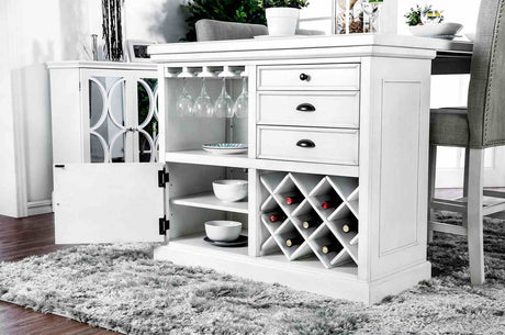 Sutton Transitional Counter Height Table & Dining Set - Wine Rack & Stemware Storage with Tufted Chairs in Antique White – White, view 5
